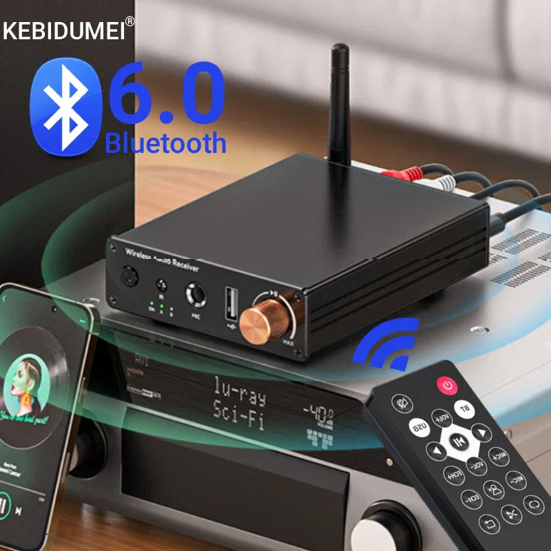Black bluetooth 6.0 audio receiver with copper volume knob and external antenna for hifi lossless music and active speakers