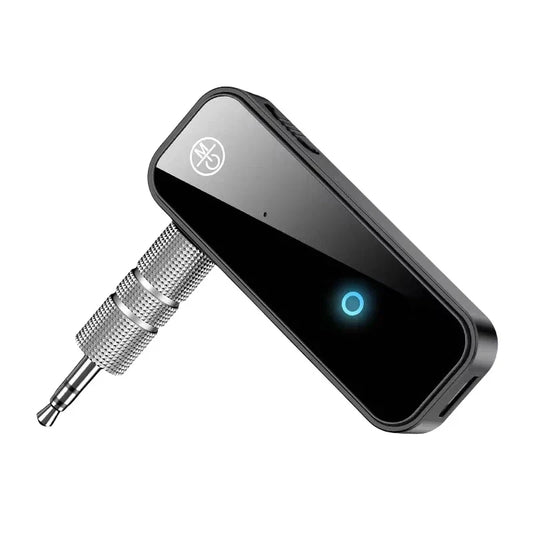 Black bluetooth 6.0 audio receiver wireless adapter with silver 3.5mm jack and glowing blue indicator light usb dongle stereo