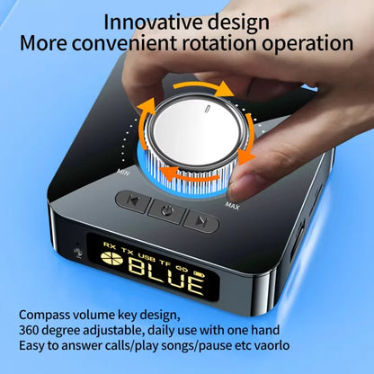 Black rectangular bluetooth 6.0 audio receiver with silver rotary dial and digital display for jack music wireless car speaker headphone amp