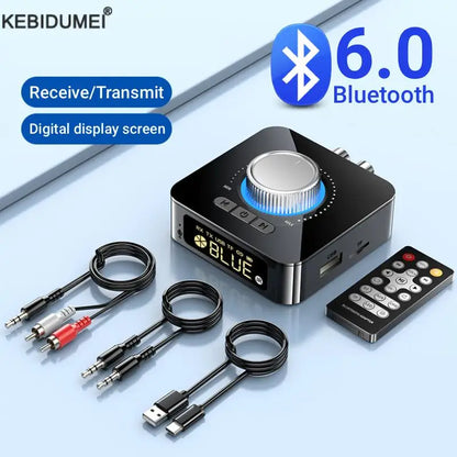 Black kebidumei bluetooth 6.0 audio receiver with silver rotary dial and display for jack music wireless car speaker headphone amp