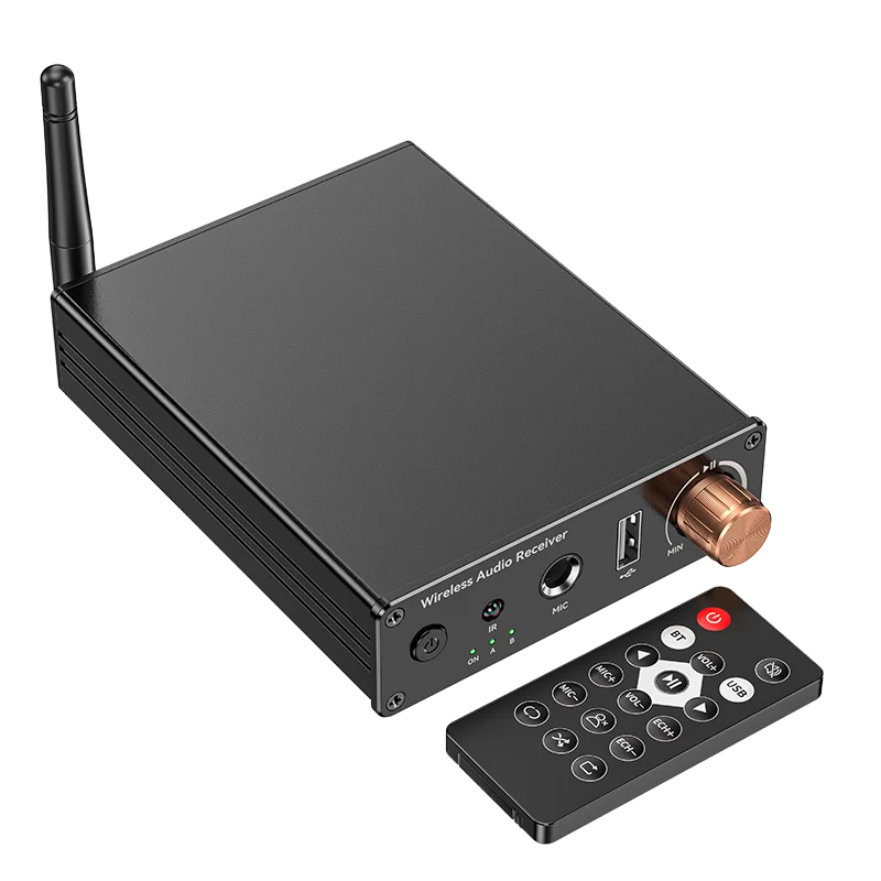 Black bluetooth 6.0 audio receiver with copper volume knob and antenna with remote for karaoke wireless music and speaker car