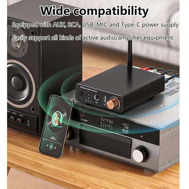Black wireless audio receiver transmitter with copper knobs and multiple inputs for karaoke wireless music and speaker car use