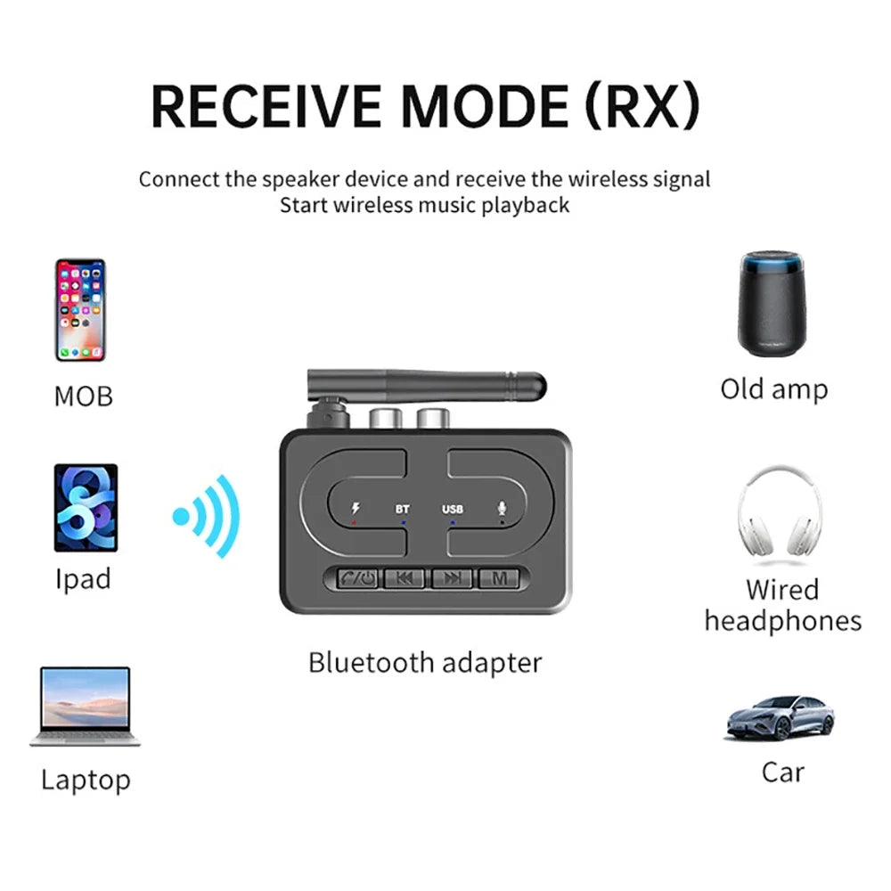 Black rectangular bluetooth 6.0 audio receiver wireless stereo music adapter with mic support u-disk and control buttons