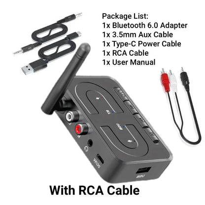 Black rectangular bluetooth 6.0 audio receiver wireless stereo music adapter with mic support u-disk and multiple ports