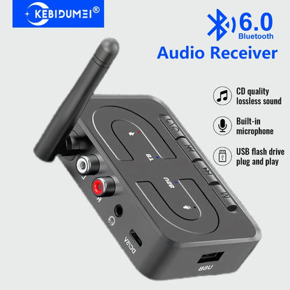 Black kebidumei bluetooth 6.0 audio receiver wireless stereo music adapter with mic support u-disk and multiple ports
