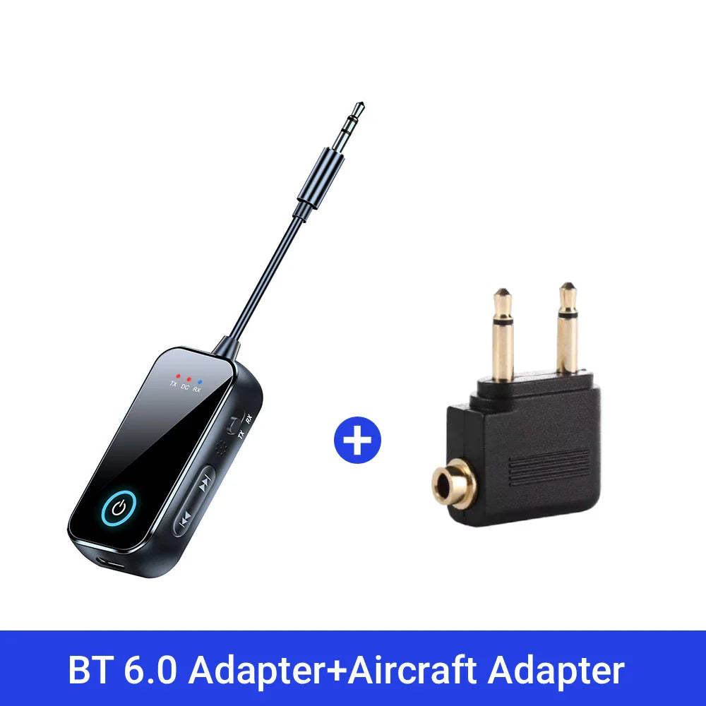 Black bluetooth 6.0 aux audio transmitter receiver with slender antenna and gold-plated aircraft adapter for car tv pc airplane
