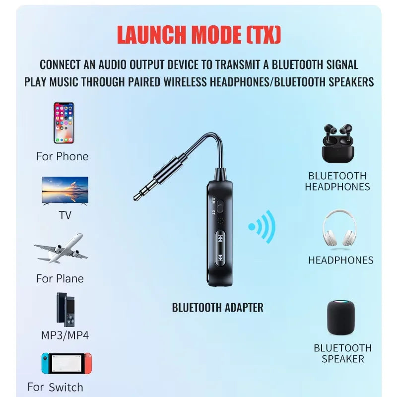 Black bluetooth 6.0 aux audio transmitter receiver with 3.5mm jack and control buttons for wireless bluetooth audio streaming