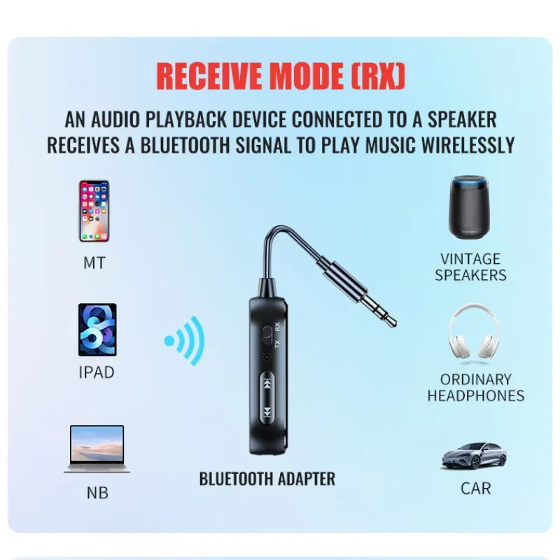Black Bluetooth 6.0 aux audio transmitter receiver with 3.5mm jack and control buttons for wireless Bluetooth audio playback