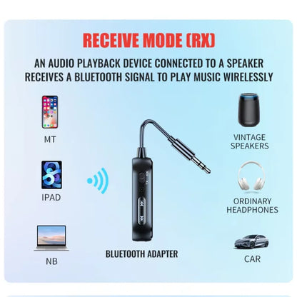 Black Bluetooth 6.0 aux audio transmitter receiver with 3.5mm jack and control buttons for wireless Bluetooth audio playback