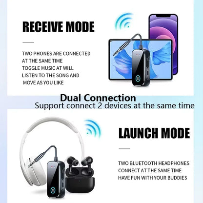 Black bluetooth 6.0 aux audio transmitter receiver with 3.5mm ports for wireless audio connection to headphones and devices