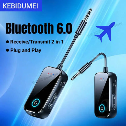 Black kebidumei bluetooth 6.0 aux audio transmitter receiver with sleek metallic finish and illuminated power button