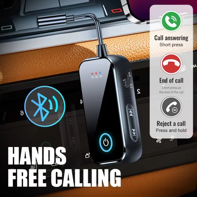 Black bluetooth 6.0 aux audio transmitter receiver with illuminated buttons for wireless bluetooth audio in car use