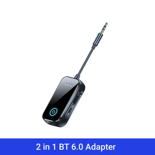 Black sleek 2-in-1 bluetooth 6.0 aux audio transmitter receiver with glossy finish and illuminated control buttons for wireless audio