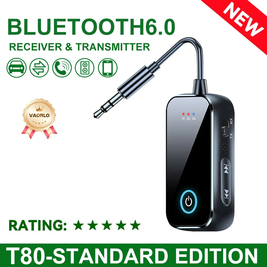 Black vaorlo t80-standard edition glossy bluetooth 6.0 audio receiver transmitter with 3.5mm jack and control buttons for stereo music airplane use