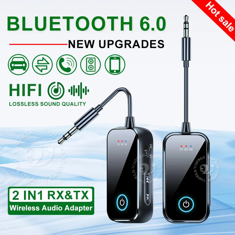 Black bluetooth 6.0 audio receiver transmitter with metallic finish and blue power button for airplane wireless audio and stereo music