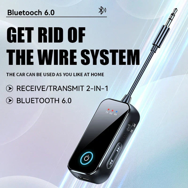 Black bluetooth 6.0 car audio receiver transmitter with 3.5mm aux for stereo music airplane and airplane wireless audio use