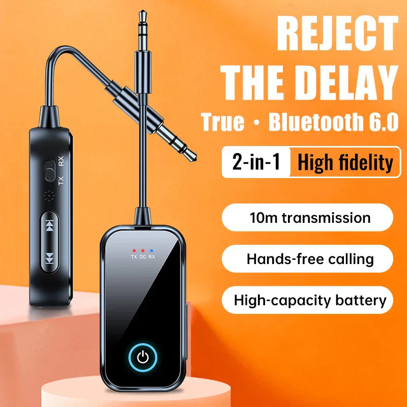 Black wireless bluetooth 6.0 audio receiver transmitter with illuminated buttons for stereo music airplane wireless audio use