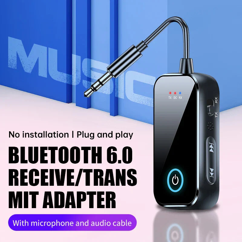 Black bluetooth 6.0 audio receiver transmitter with metallic finish and 3.5mm jack for airplane wireless audio and stereo music airplane