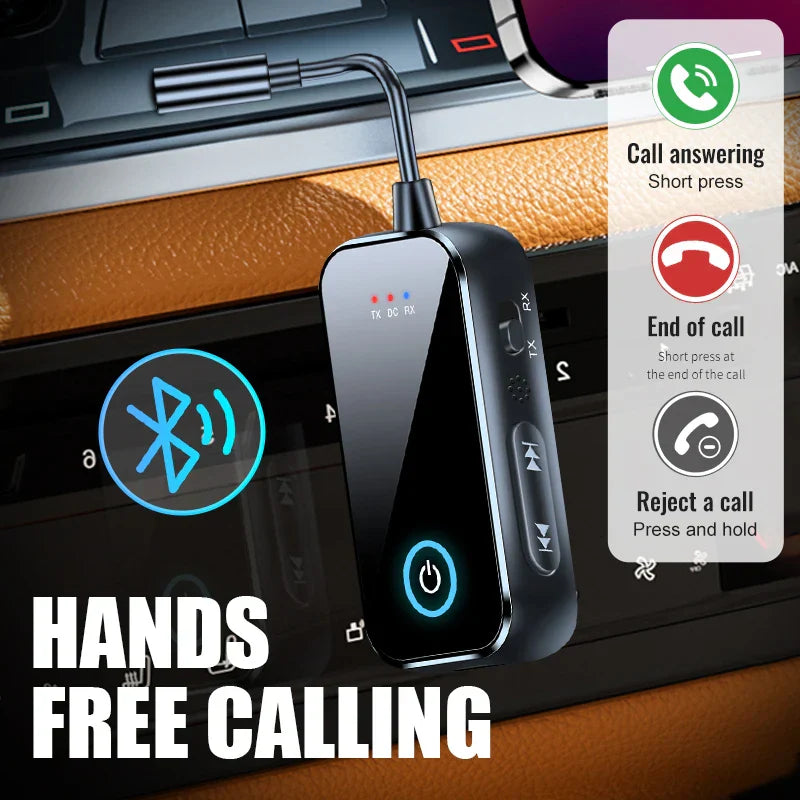 Black bluetooth 6.0 car audio receiver transmitter with illuminated buttons for stereo music airplane wireless audio use
