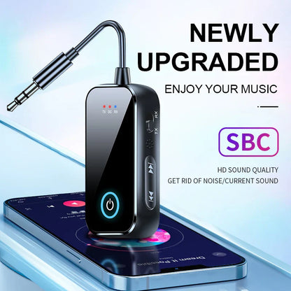 Black rectangular bluetooth 6.0 audio receiver transmitter with curved 3.5mm jack and illuminated power button for stereo music airplane use
