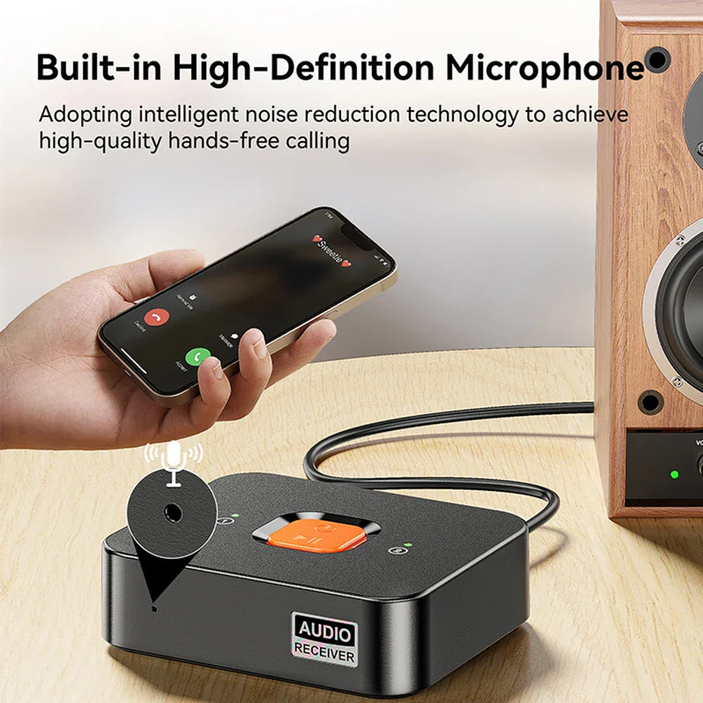Black Bluetooth 6.0 wireless adapter with orange button and built-in mic for aux jack rca home speaker amplifier use