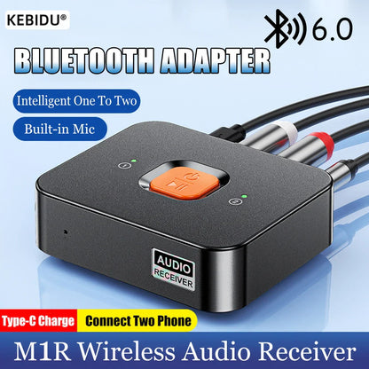 Black kebidu m1r wireless adapter with orange control button and silver aux jack rca connectors for home speaker amplifier
