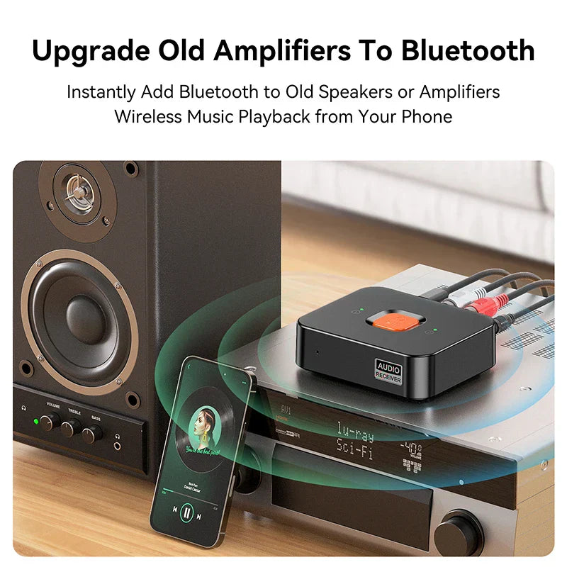 Black rectangular bluetooth 6.0 wireless adapter with orange power button and aux jack rca for home speaker amplifier