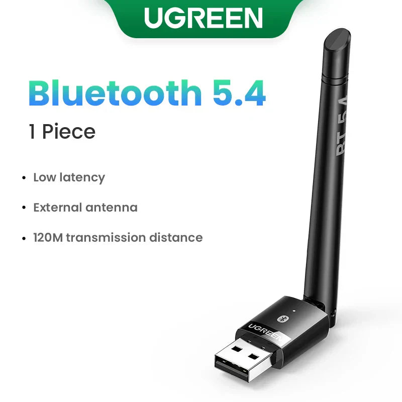 Black Ugreen Bluetooth 5.4 dongle adaptador wireless with external antenna for music audio receiver and receiver USB transmitter