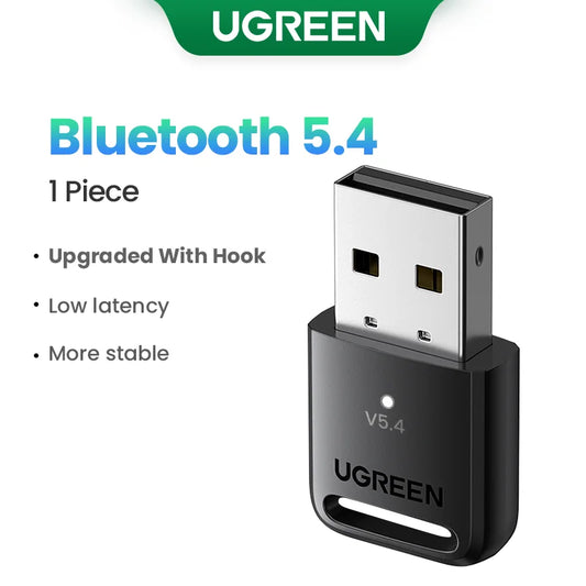 Black ugreen bluetooth 5.4 usb dongle adaptador wireless with silver metallic connector and integrated hook for receiver usb transmitter