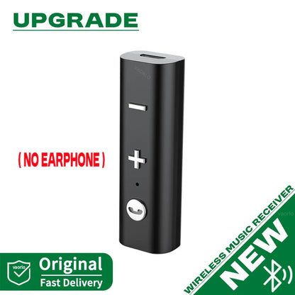 Black bluetooth audio receiver music wireless adapter with silver buttons and charging port for mic handsfree calling kit spearker headphones