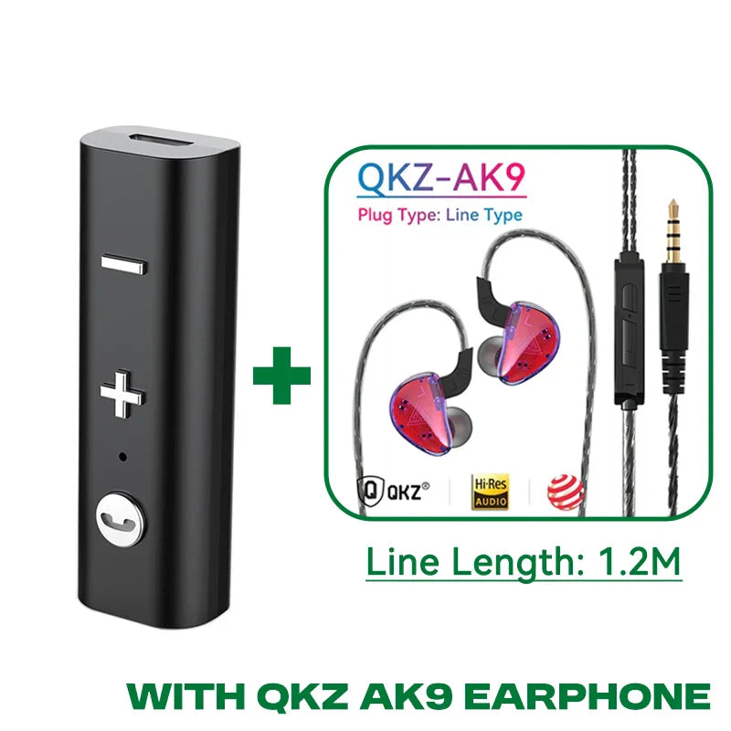 Black cylindrical bluetooth audio receiver with silver buttons and qkz ak9 red in-ear earphones for music wireless adapter mic handsfree calling kit spearker headphones