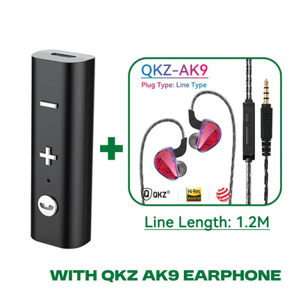 Black cylindrical bluetooth audio receiver with silver buttons and qkz ak9 red in-ear earphones for music wireless adapter mic handsfree calling kit spearker headphones