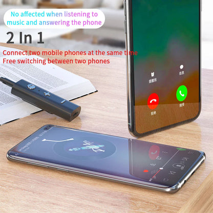 Black 2-in-1 music wireless adapter with silver buttons and mic handsfree calling for kit spearker headphones use