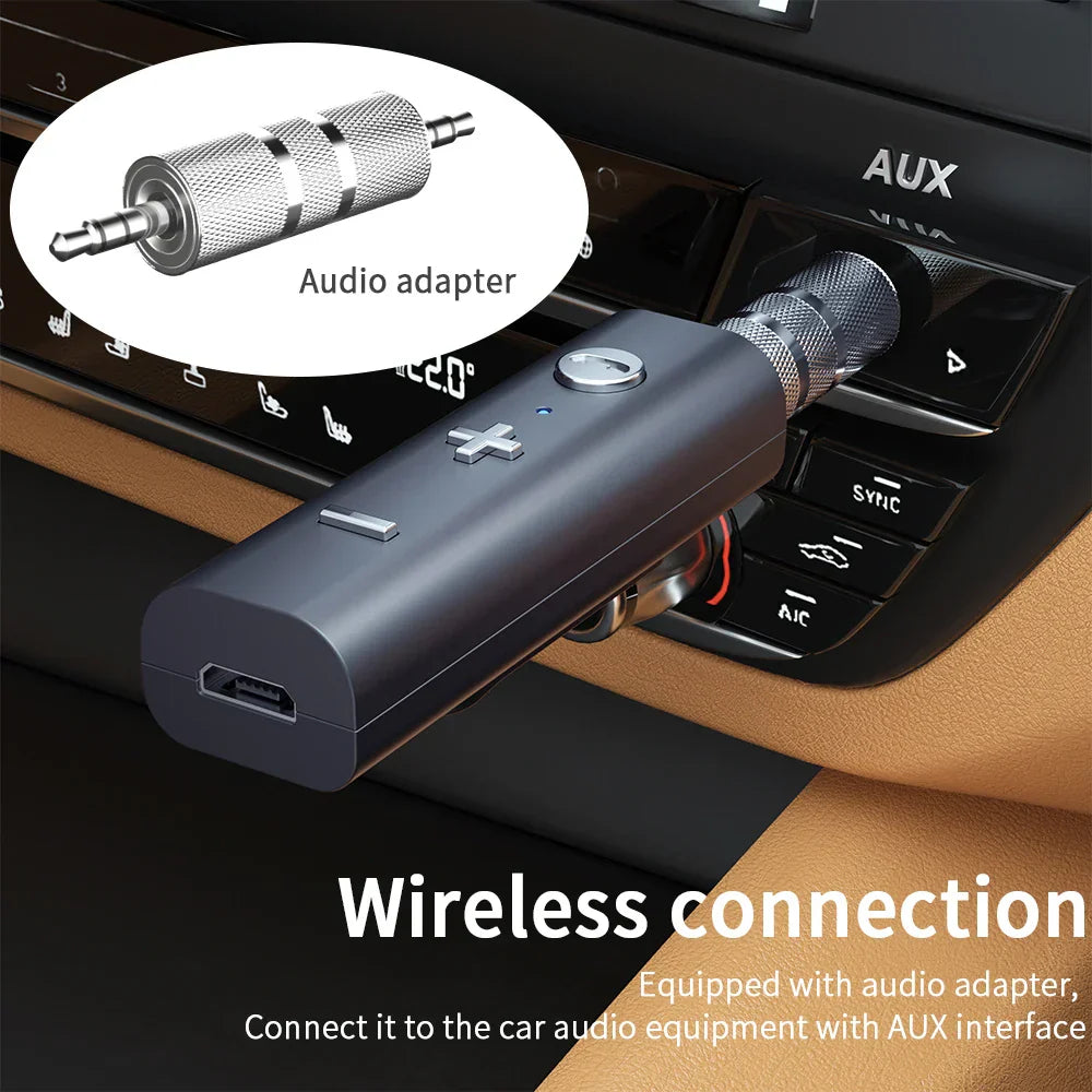 Black bluetooth audio receiver music wireless adapter with textured silver 3.5mm aux and usb-c mic handsfree calling port