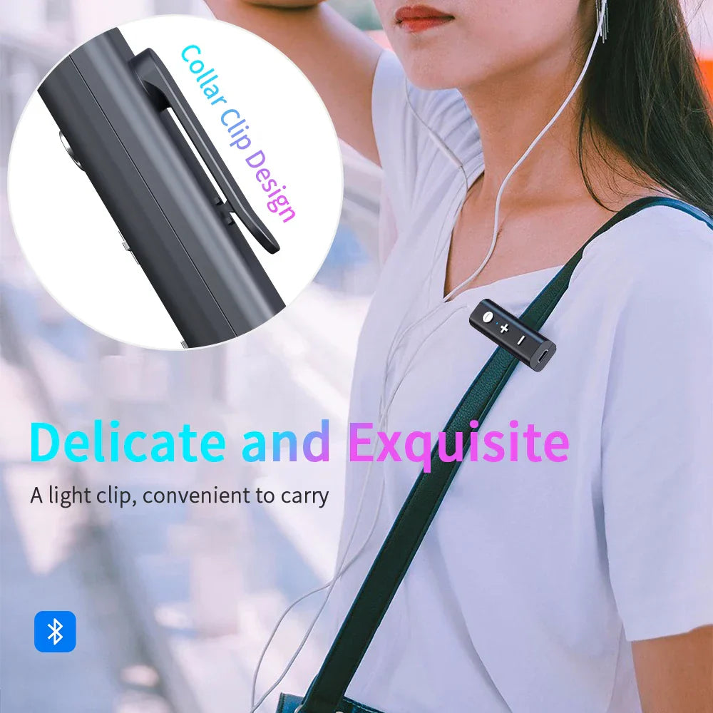 Black bluetooth audio receiver neckband with sleek collar clip and minimalist controls for mic handsfree calling kit spearker headphones