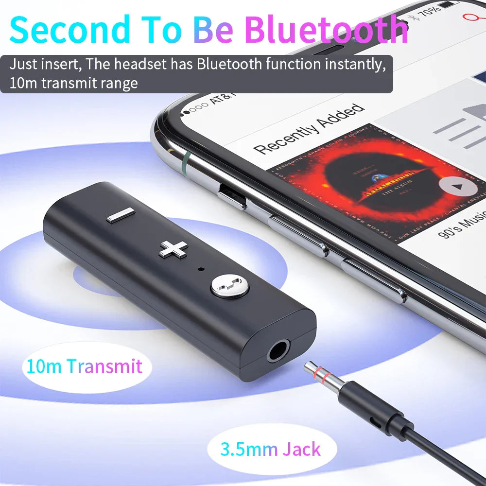Black plastic bluetooth audio receiver music wireless adapter with 3.5mm jack and mic handsfree calling for kit spearker headphones