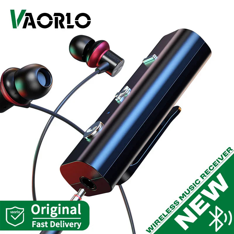 Vaorlo bluetooth audio receiver with sleek black and red design featuring mic handsfree calling and compact charging case for kit spearker headphones