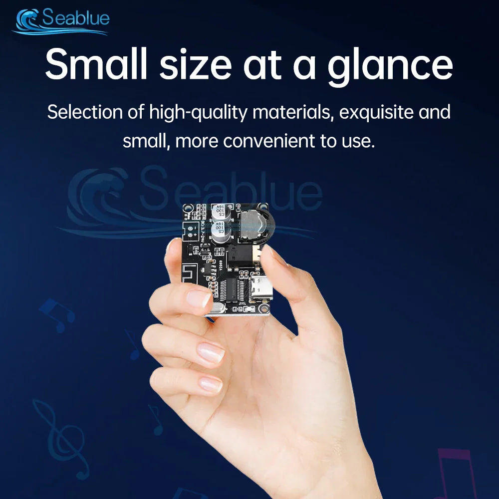 Black Bluetooth audio receiver board with silver components held in hand featuring mp3 lossless decoder and wireless stereo music