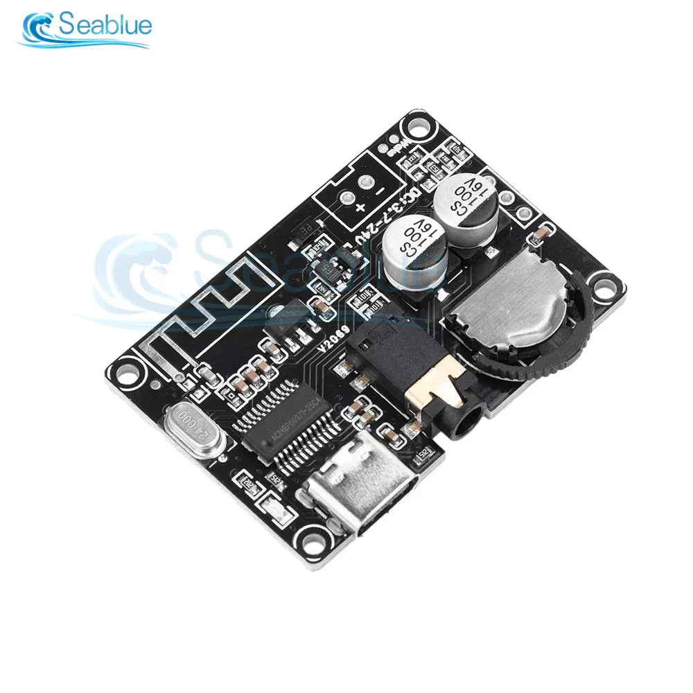 Black rectangular bluetooth 5.0 decoder board wireless with silver capacitors usb port for wireless stereo music and mp3 lossless decoder