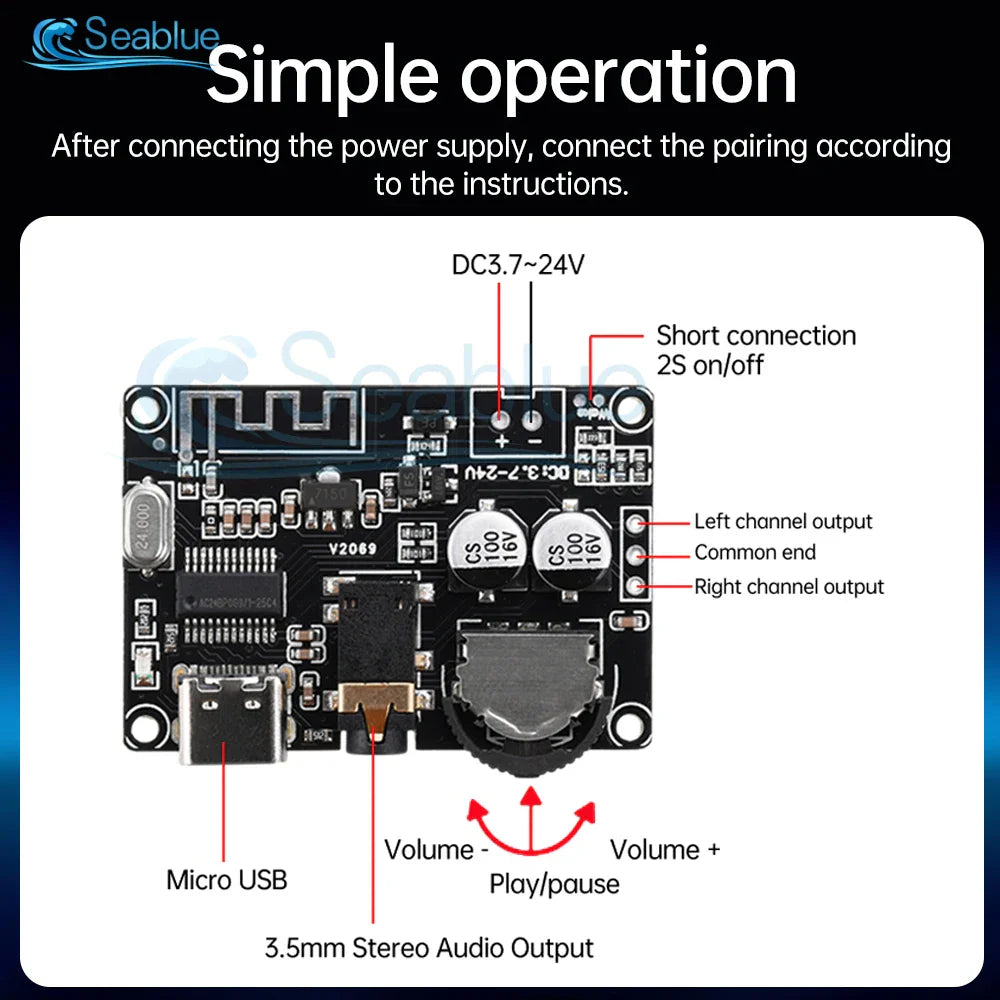 Black rectangular bluetooth 5.0 mp3 lossless decoder board wireless stereo music module with labeled connectors and controls
