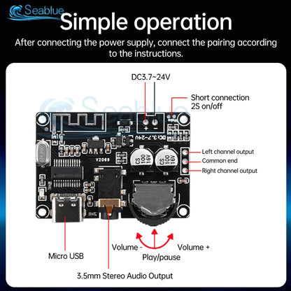 Black rectangular bluetooth 5.0 mp3 lossless decoder board wireless stereo music module with labeled connectors and controls