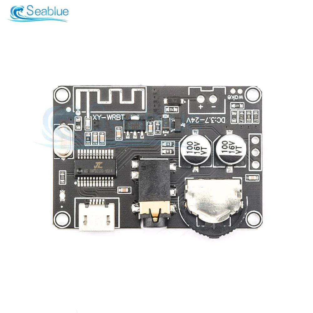 Black rectangular bluetooth audio receiver board with mp3 lossless decoder and wireless stereo music module features usb ports and capacitors