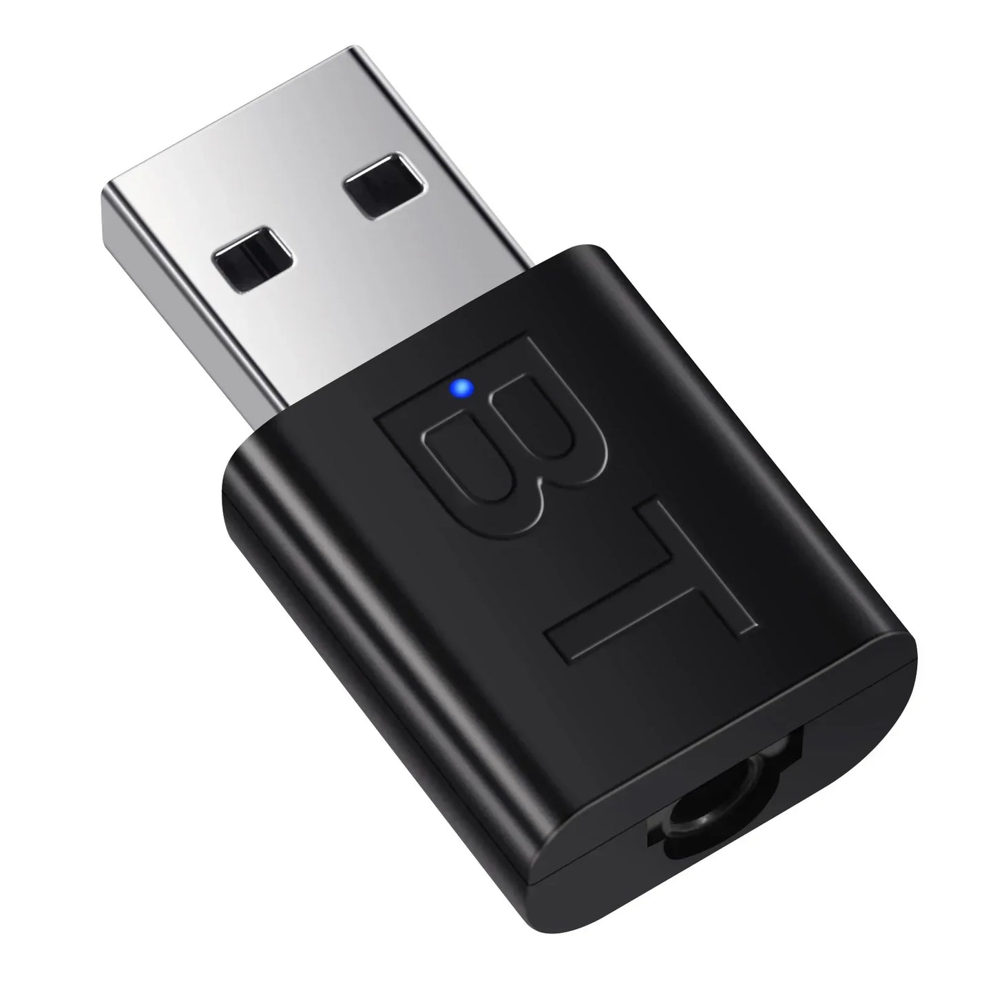 Black usb bluetooth adaptor audio with silver connector and blue led indicator for car handsfree kit music receiver mini