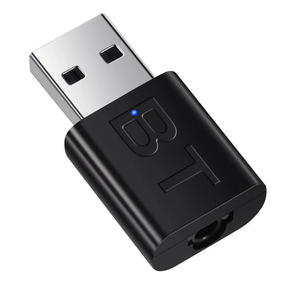 Black usb bluetooth adaptor audio with silver connector and blue led indicator for car handsfree kit music receiver mini