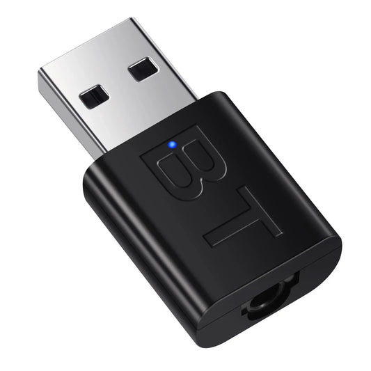 Black usb bluetooth adaptor audio with silver connector and blue led indicator for car handsfree kit music receiver mini