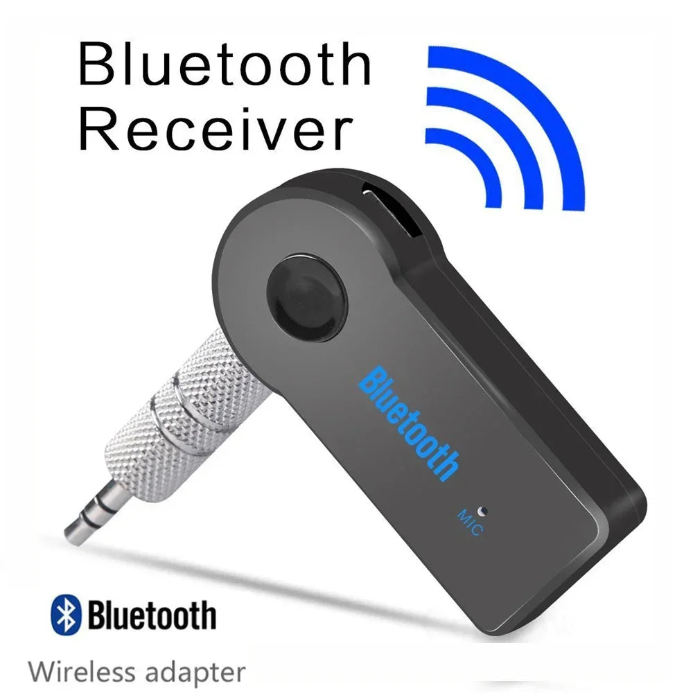 Black bluetooth adaptor audio car handsfree kit with silver 35mm jack and blue bluetooth branding for music receiver mini