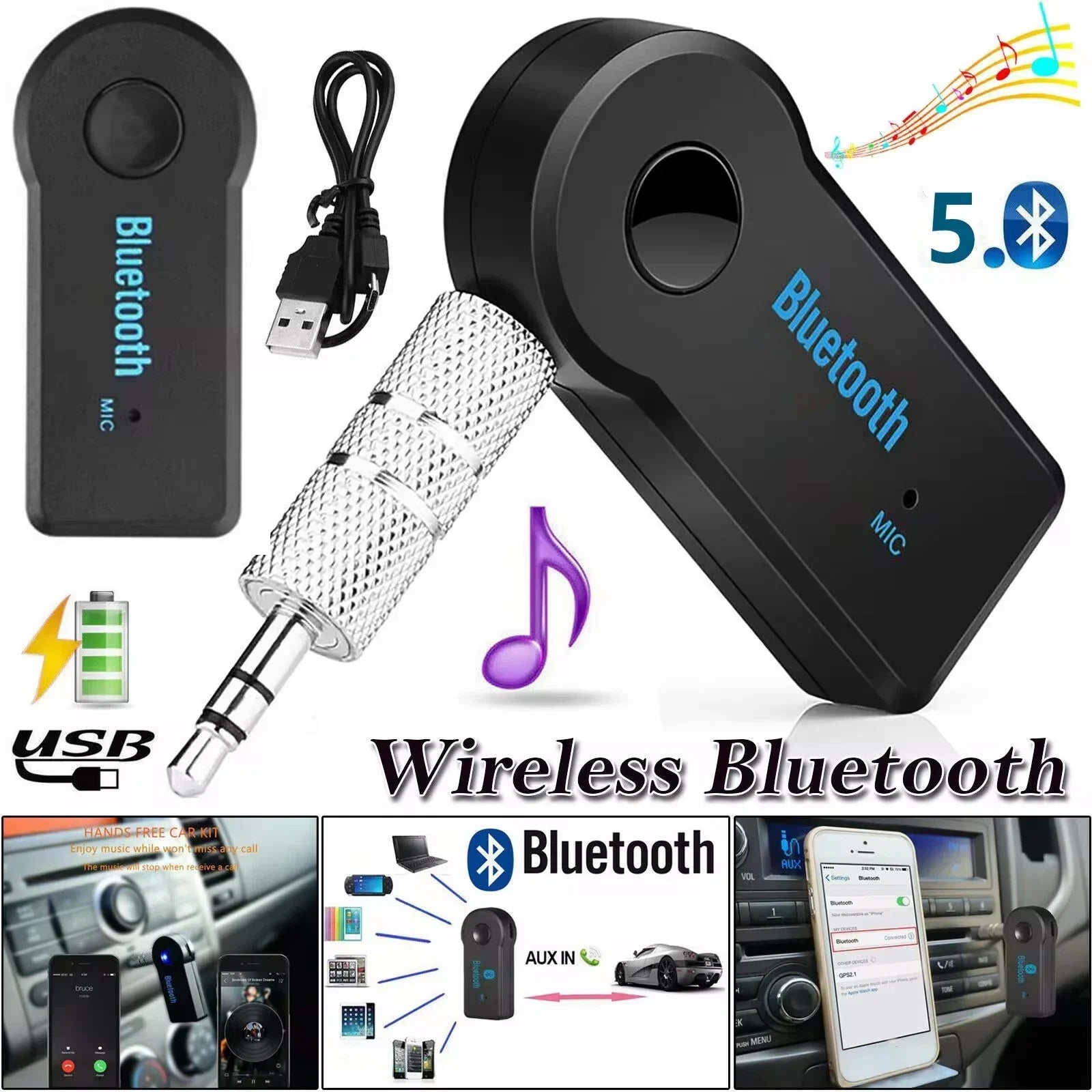 Black wireless bluetooth adaptor audio car handsfree kit with silver 3.5mm aux jack and usb charging cable for music receiver mini