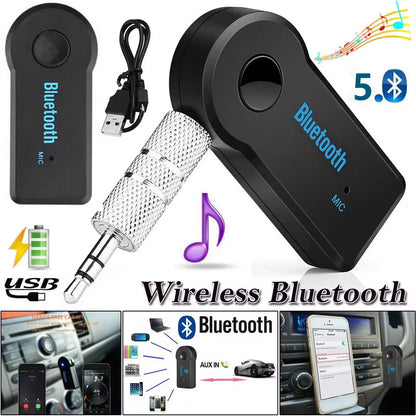 Black wireless bluetooth adaptor audio car handsfree kit with silver 3.5mm aux jack and usb charging cable for music receiver mini