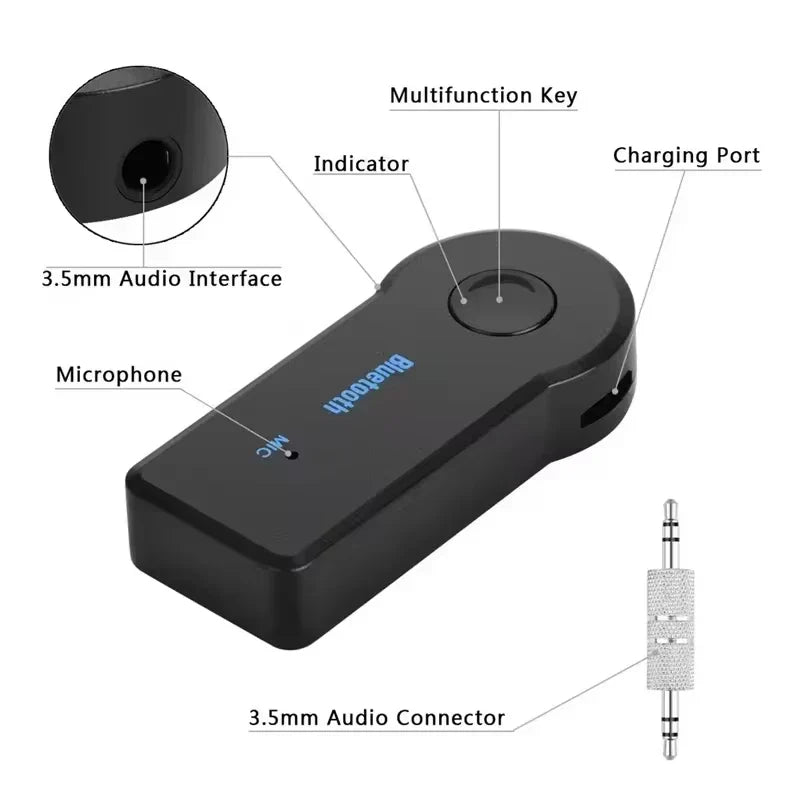 Black bluetooth adaptor audio with 3.5mm interface and multifunction key for wireless car handsfree kit music receiver mini