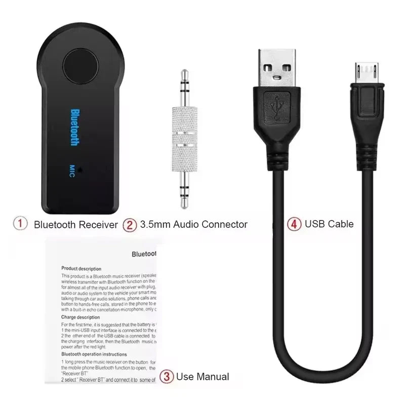 Black bluetooth adaptor audio with circular button and blue bluetooth text for car handsfree kit music receiver mini